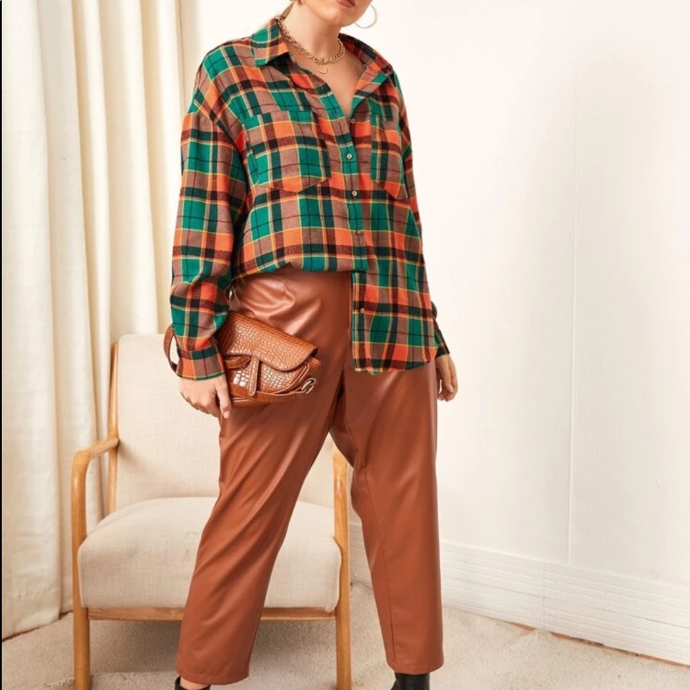 Women’s Plaid Green & Orange Drop Shoulder Blouse - Picture 5 of 5